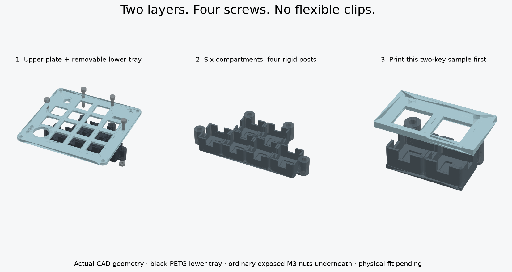 Exploded two-layer CAD assembly, six-cup tray and small two-key sample